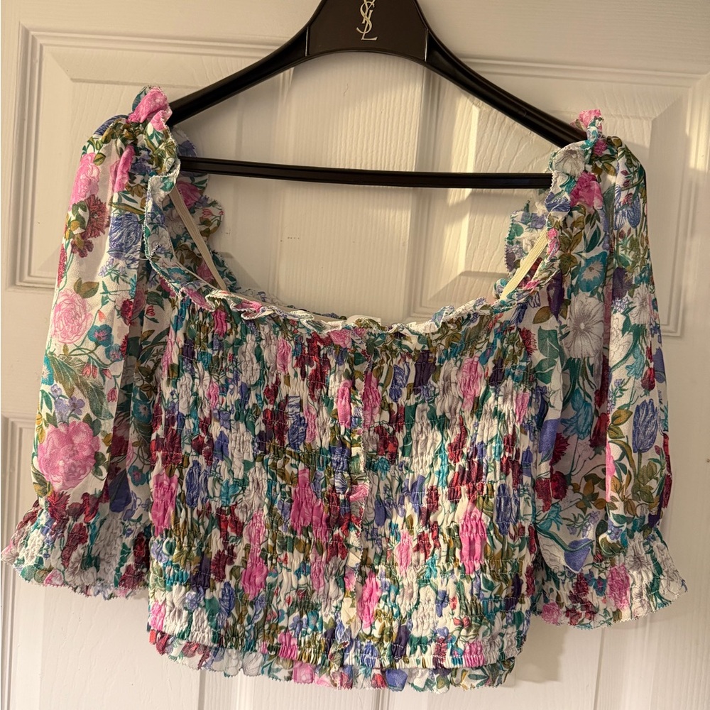Astr Floral Smocked Off-Shoulder Crop Top - Pink, Blue, Green